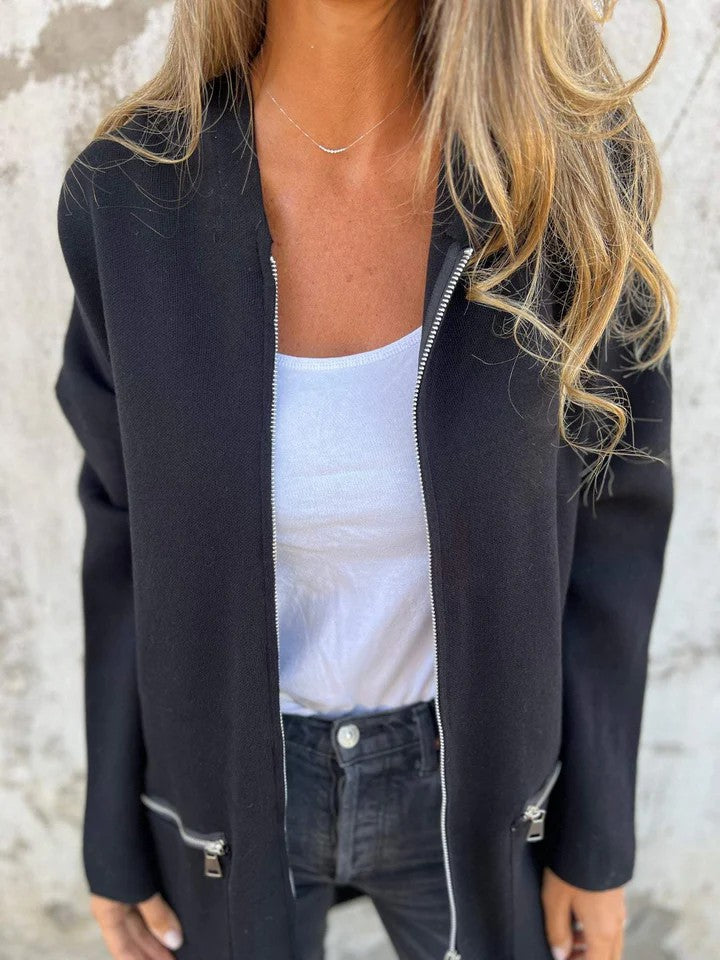 Longline Hooded Zip Up Knit Jacket - black - 1
