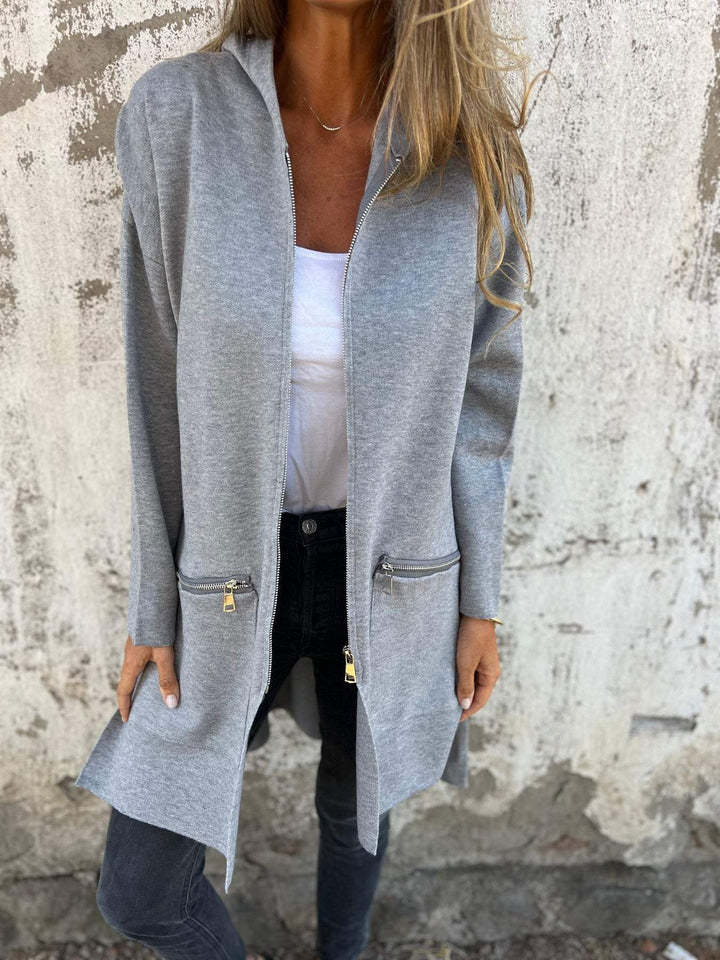 Longline Hooded Zip Up Knit Jacket - grey - 1