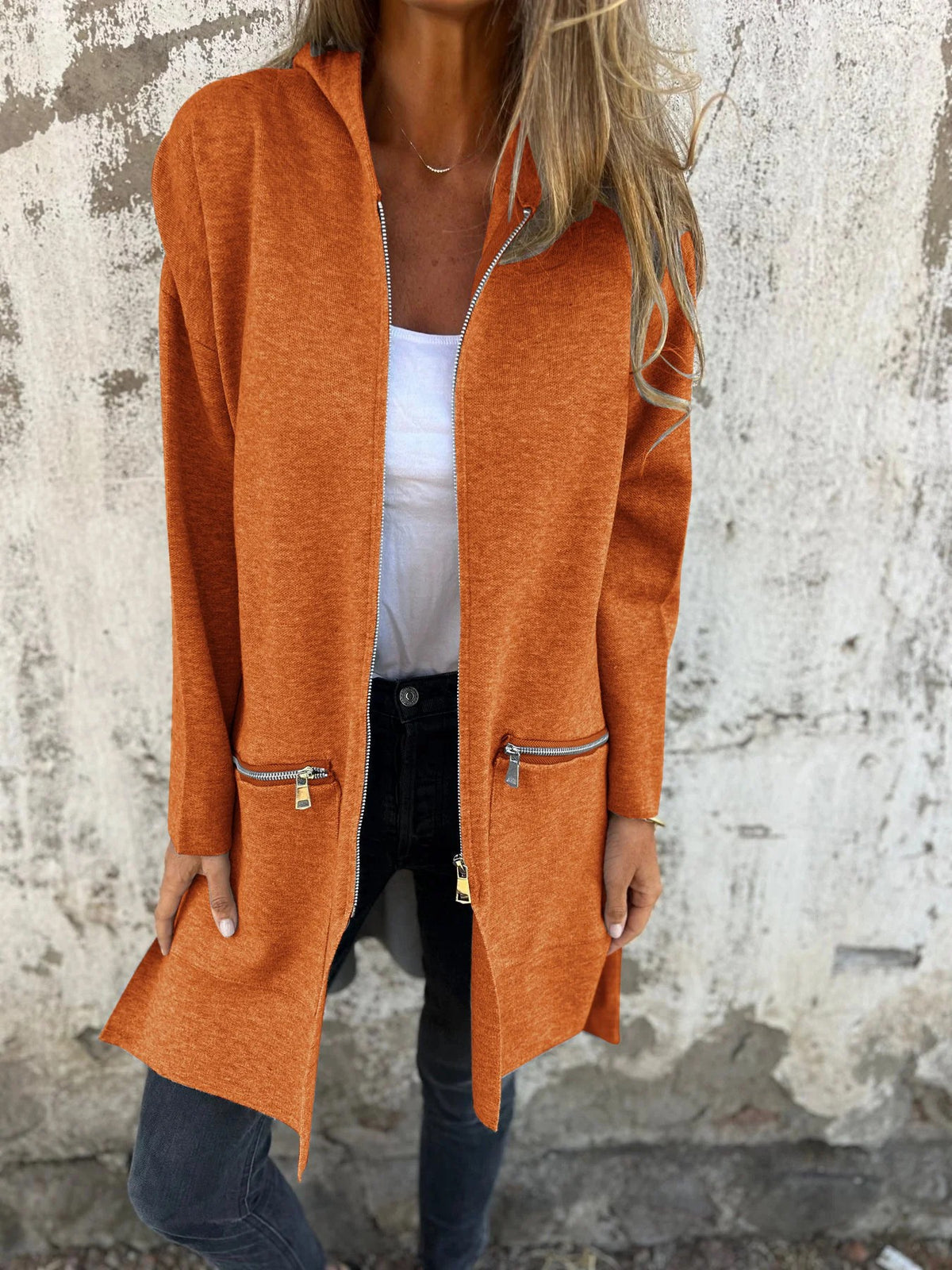 Longline Hooded Zip Up Knit Jacket - orange