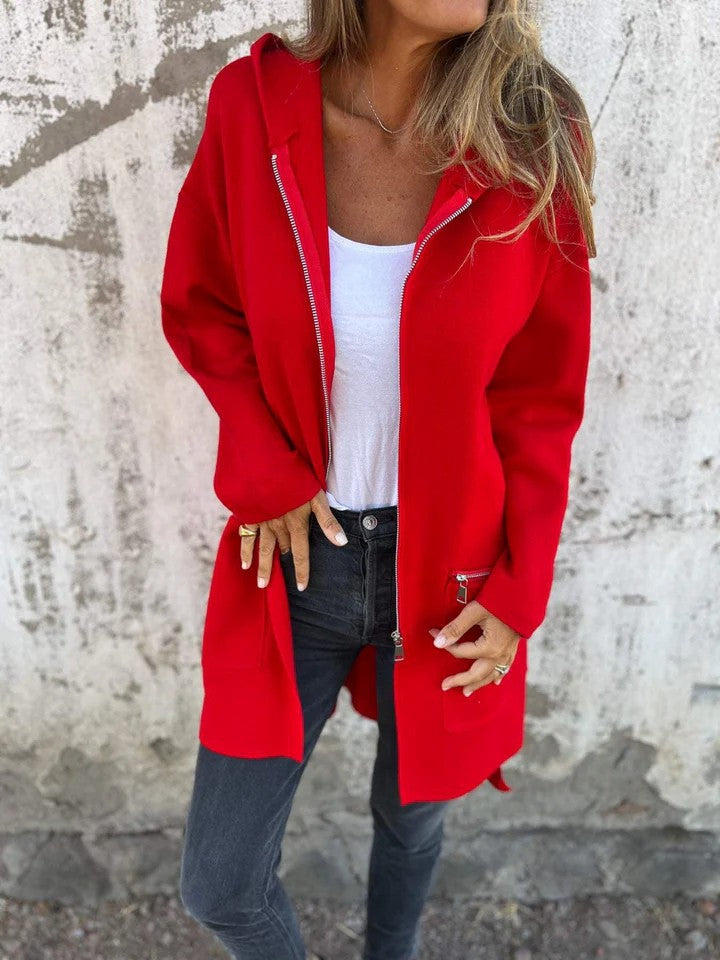 Longline Hooded Zip Up Knit Jacket - red