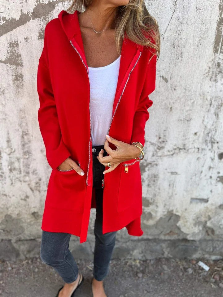 Longline Hooded Zip Up Knit Jacket - red - 1