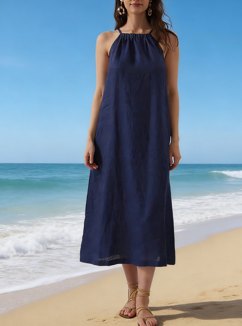 Sleeveless Halter Maxi Dress With Pockets - Navyblue