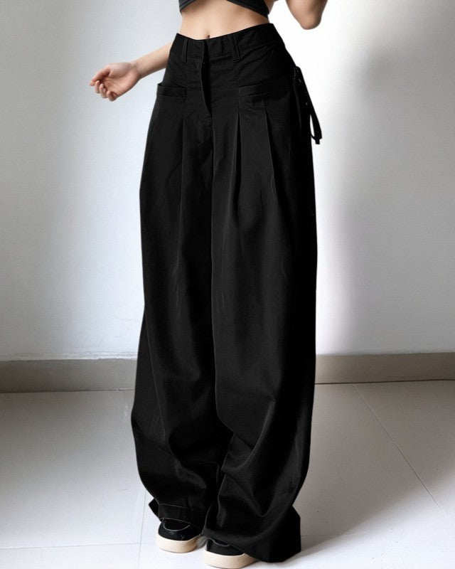 Low Rise Pleated Baggy Wide Leg Pants - Black