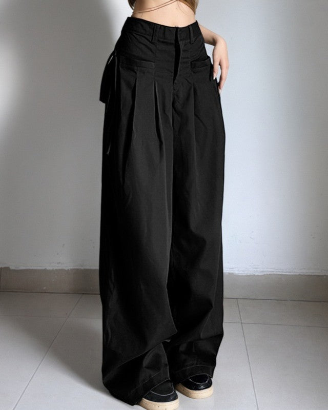 Low Rise Pleated Baggy Wide Leg Pants - Black - 1