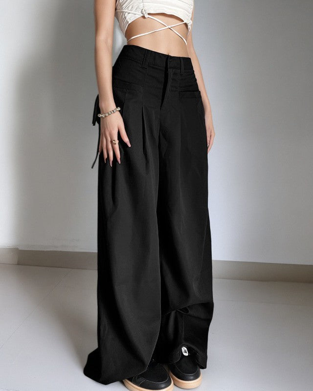 Low Rise Pleated Baggy Wide Leg Pants - Black - 2