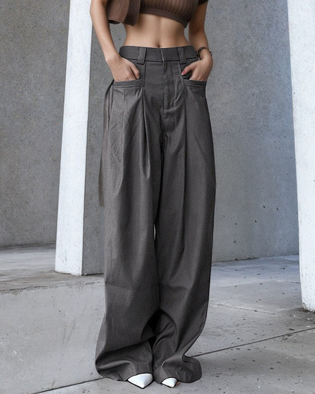 Low Rise Pleated Baggy Wide Leg Pants - Gray