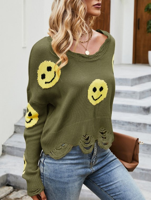 Distressed Happy Face Slouchy Knit Sweater - Green