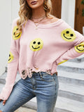 Distressed Happy Face Slouchy Knit Sweater - Pink