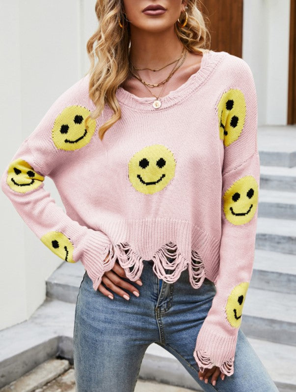 Distressed Happy Face Slouchy Knit Sweater - Pink - 1