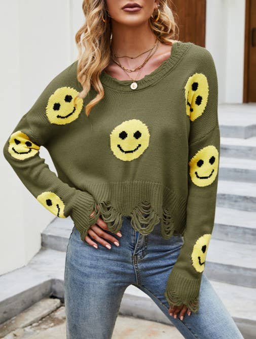 Distressed Happy Face Slouchy Knit Sweater