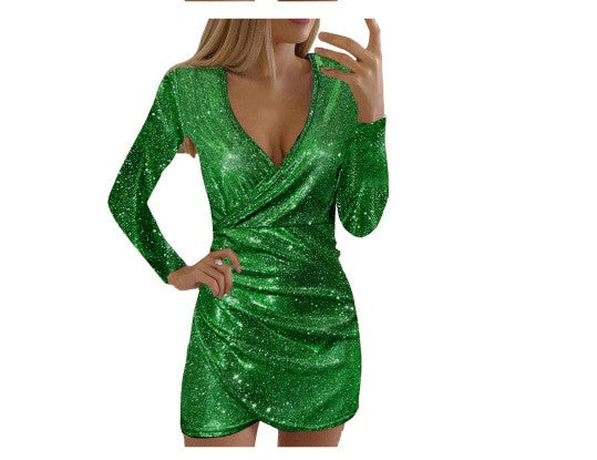 Sequin Long Sleeve Wrap V Neck Mini Dress - Green