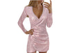 Sequin Long Sleeve Wrap V Neck Mini Dress - Pink