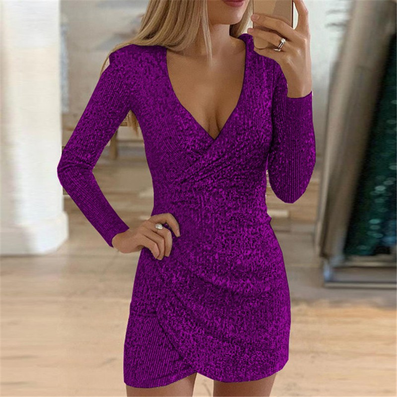 Sequin Long Sleeve Wrap V Neck Mini Dress - Purple