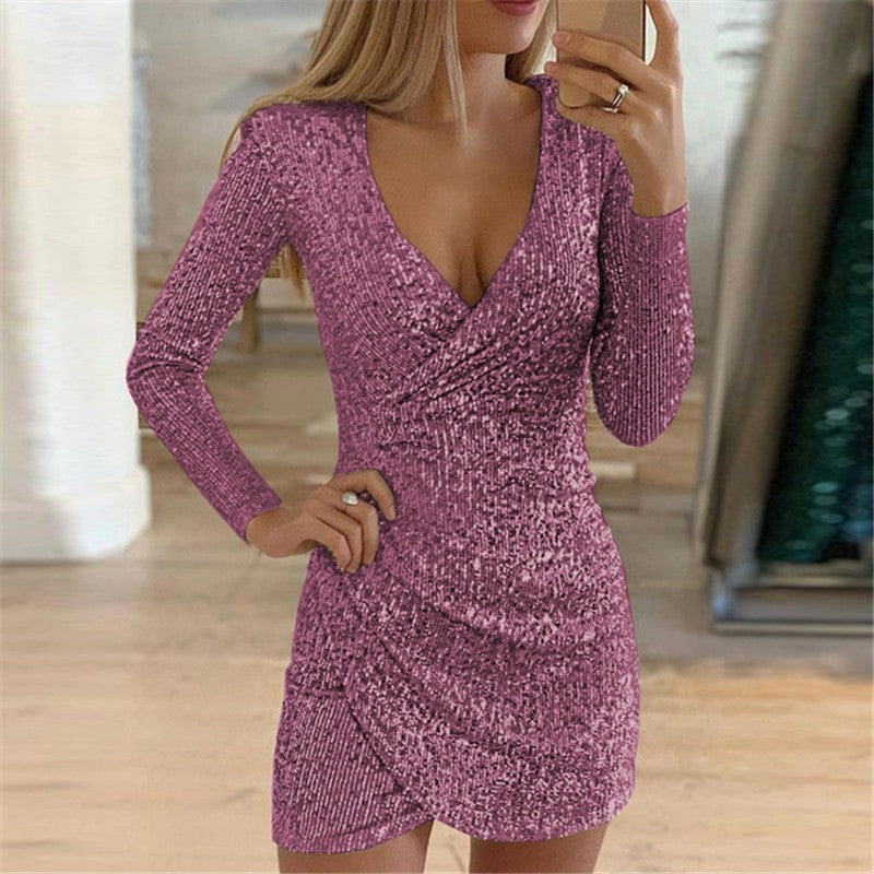 Sequin Long Sleeve Wrap V Neck Mini Dress