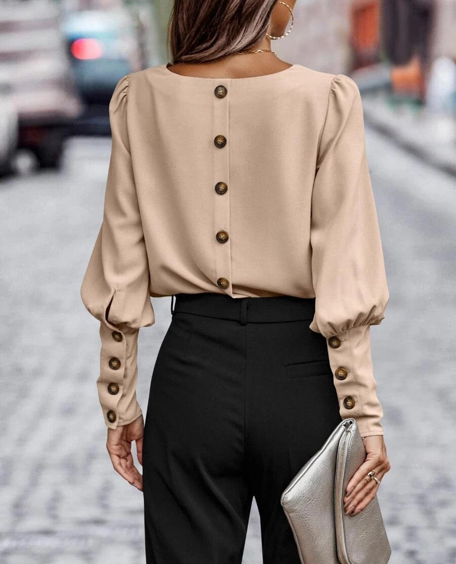 Button Back Blouse With Balloon Sleeves - Apricot - 2