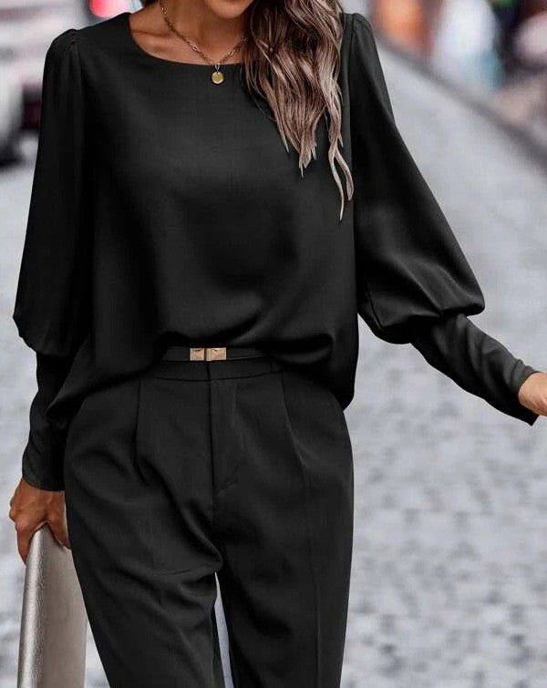 Button Back Blouse With Balloon Sleeves - Black - 1