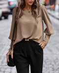Button Back Blouse With Balloon Sleeves - Brown