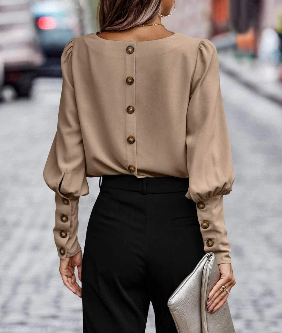 Button Back Blouse With Balloon Sleeves - Brown - 1
