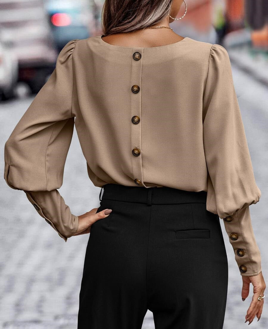 Button Back Blouse With Balloon Sleeves - Brown - 3