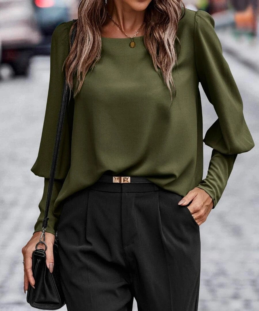 Button Back Blouse With Balloon Sleeves - Green