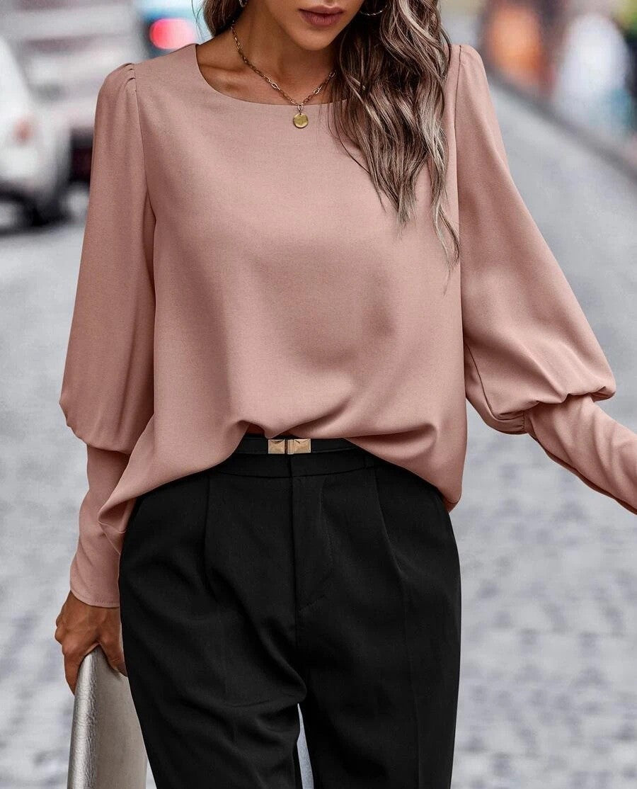 Button Back Blouse With Balloon Sleeves - Pink - 1