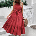 Halter Neck Tiered Belted Maxi Dress - Wine
