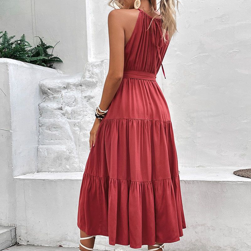 Halter Neck Tiered Belted Maxi Dress - Wine - 1