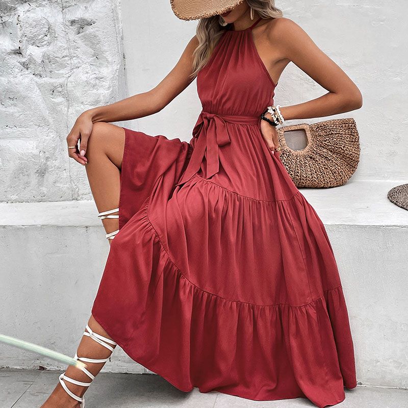 Halter Neck Tiered Belted Maxi Dress - Wine - 2