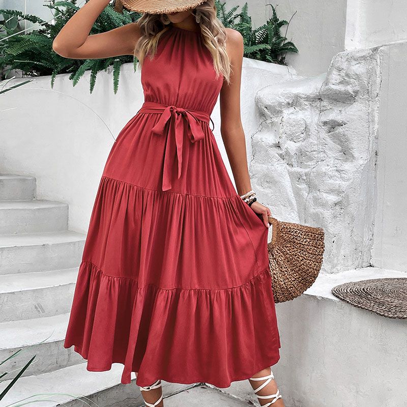 Halter Neck Tiered Belted Maxi Dress - Wine - 3