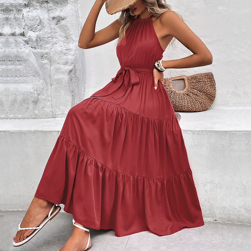 Halter Neck Tiered Belted Maxi Dress - Wine - 4