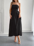 Strapless A-Line Midi Dress With Pockets - Black