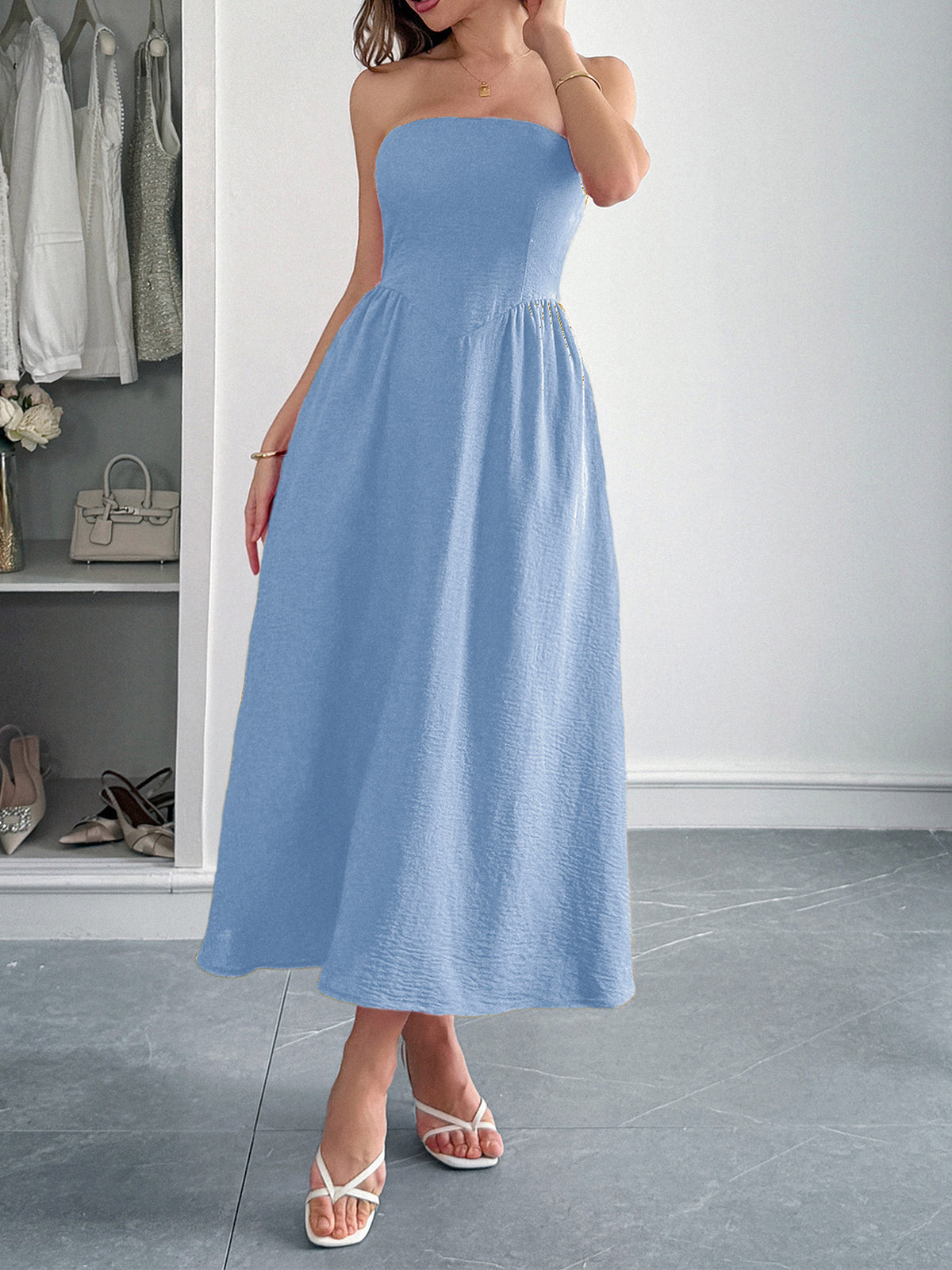 Strapless A-Line Midi Dress With Pockets - Blue