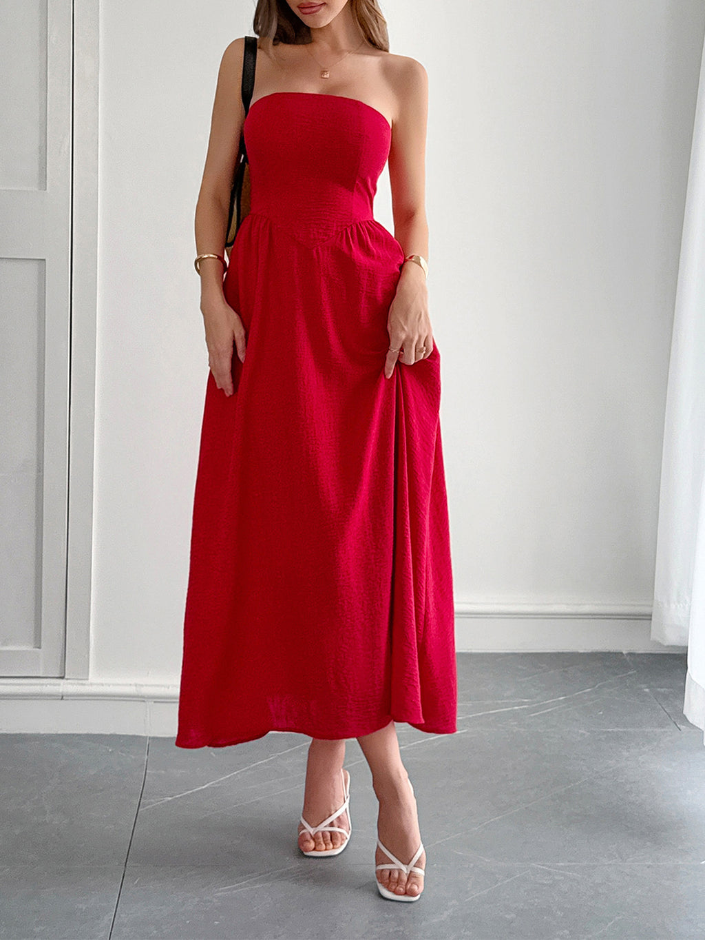 Strapless A-Line Midi Dress With Pockets - Red
