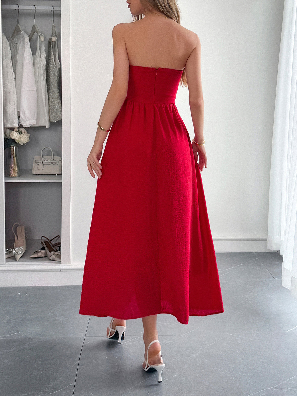 Strapless A-Line Midi Dress With Pockets - Red - 1