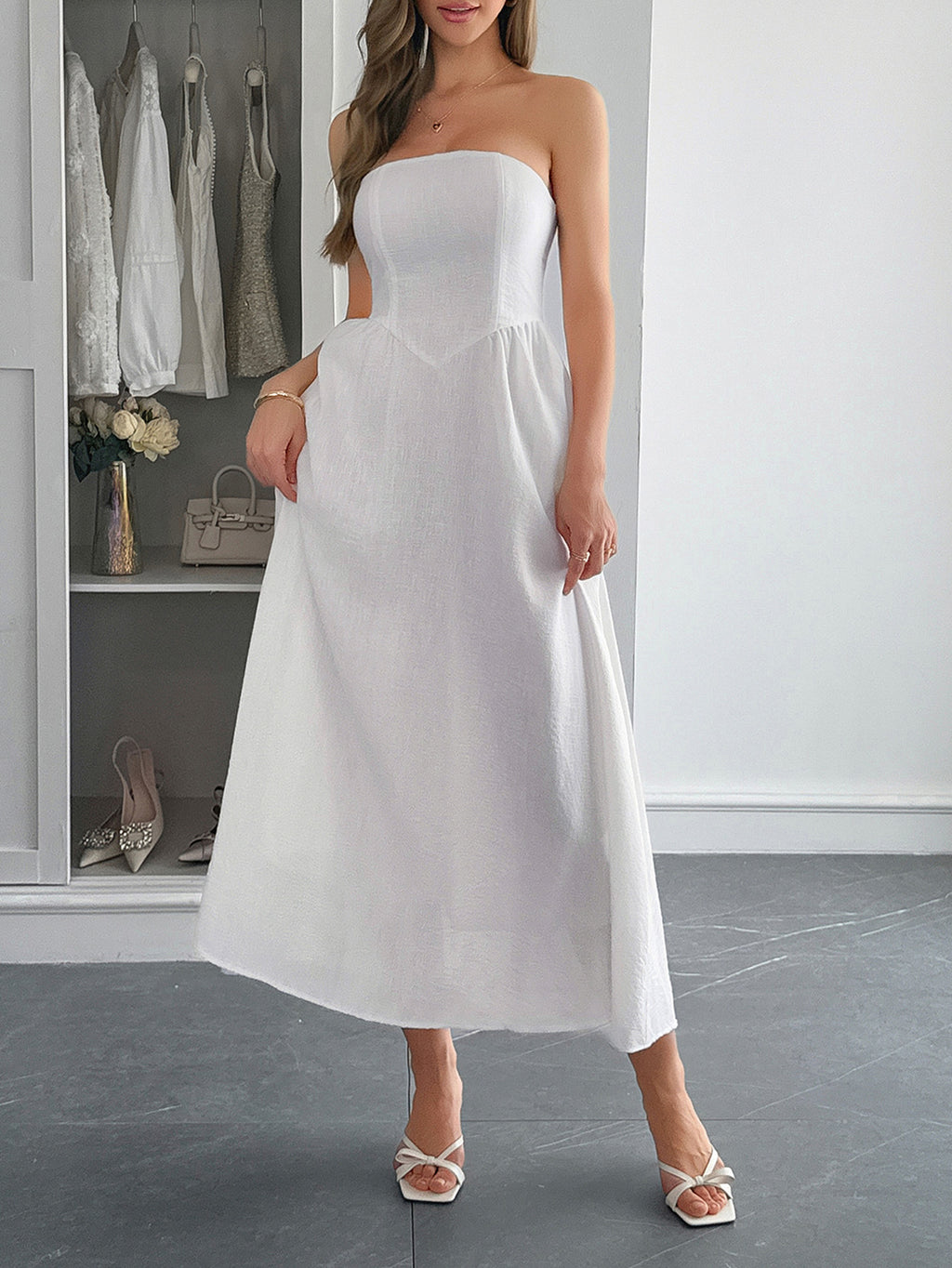 Strapless A-Line Midi Dress With Pockets - White