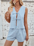 Gingham Bow Tie Tank And Shorts Lounge Set - SkyBlue