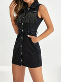 Fringe Yoke Button Front Denim Mini Dress - Black