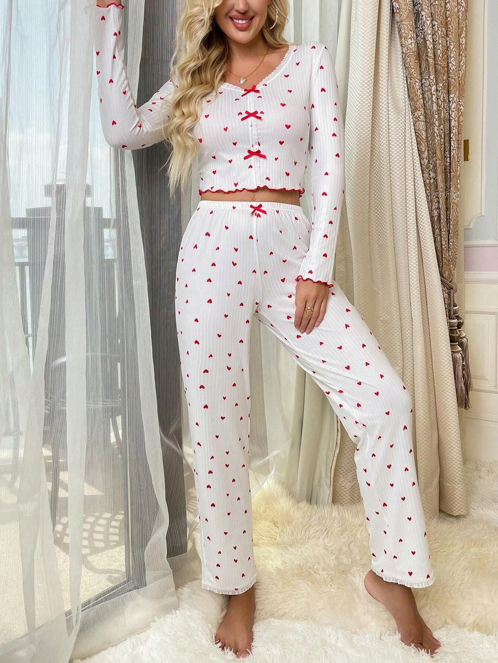 Heart Print Bow Front Pajama Set - RedLove - 1