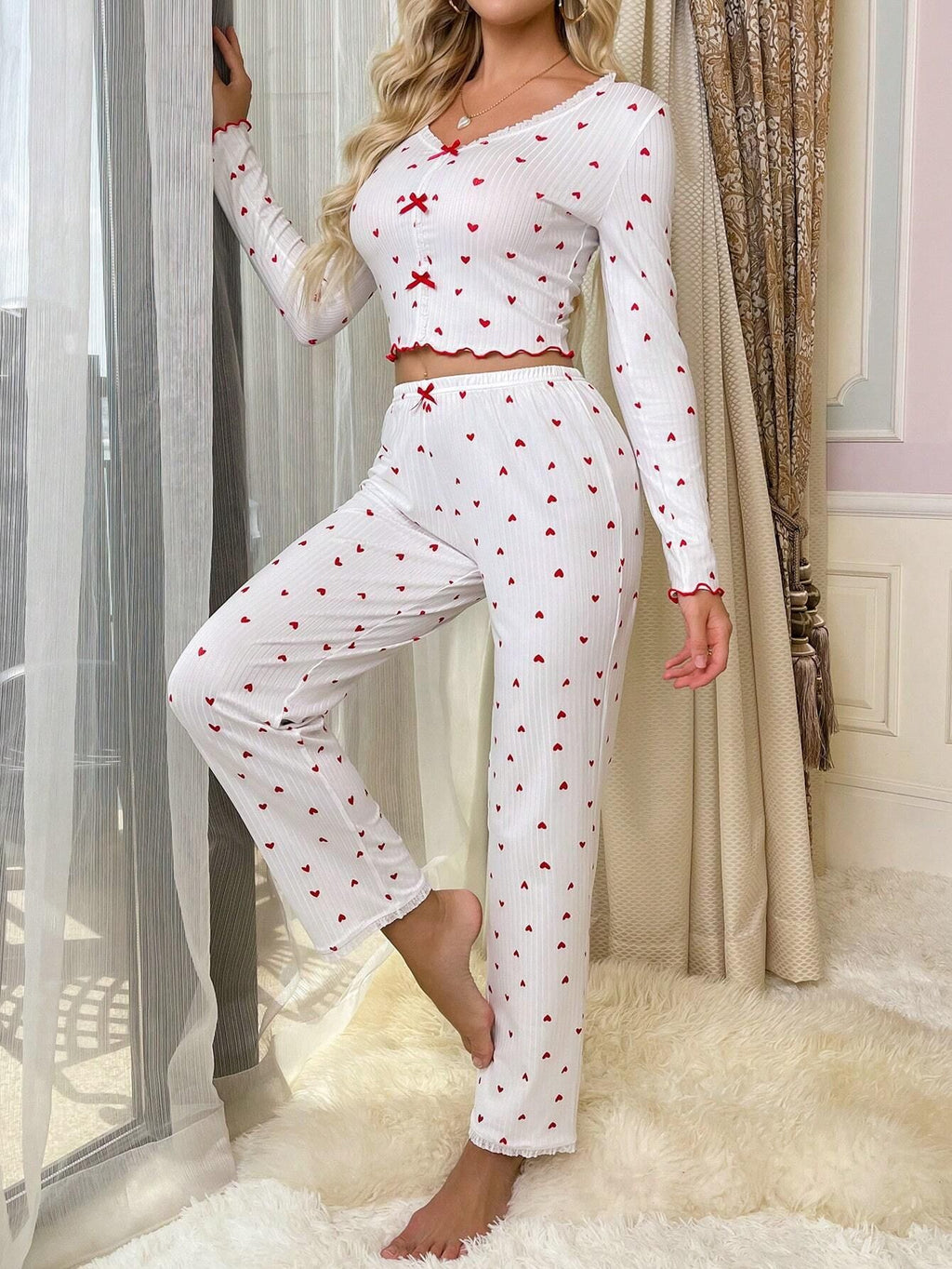 Heart Print Bow Front Pajama Set - RedLove - 2