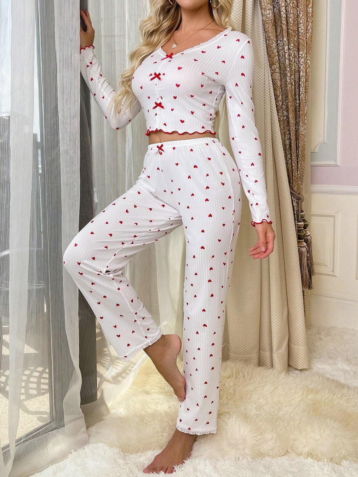 Heart Print Bow Front Pajama Set - RedLove - 2