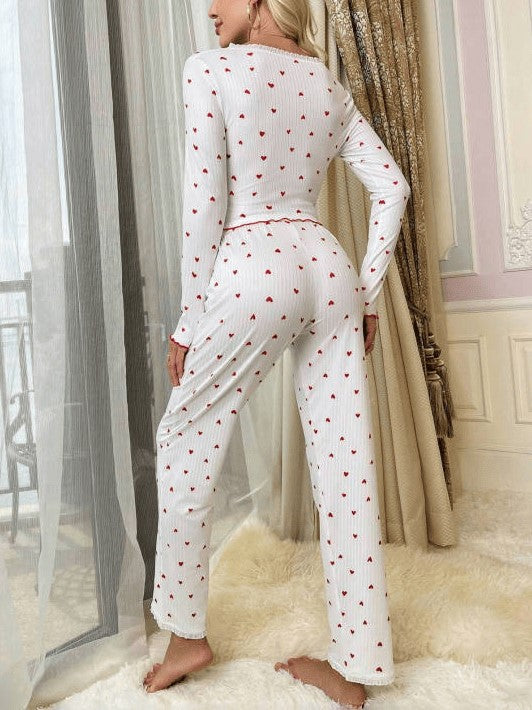 Heart Print Bow Front Pajama Set - RedLove - 5