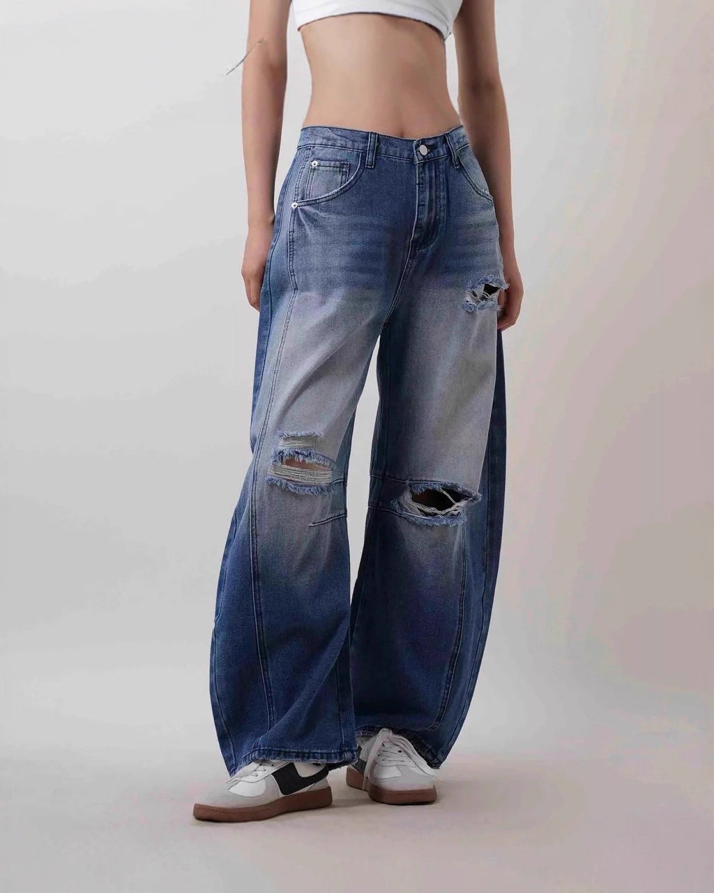 Ripped Baggy Barrel Leg Jeans - Dark-Blue