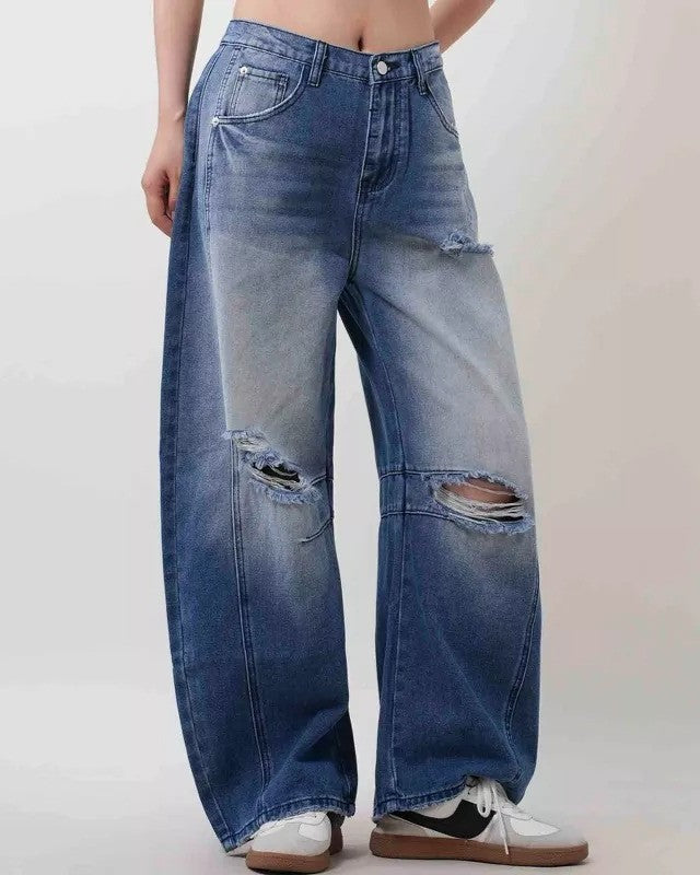 Ripped Baggy Barrel Leg Jeans - Dark-Blue - 1