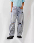 Ripped Baggy Barrel Leg Jeans - Light-Blue