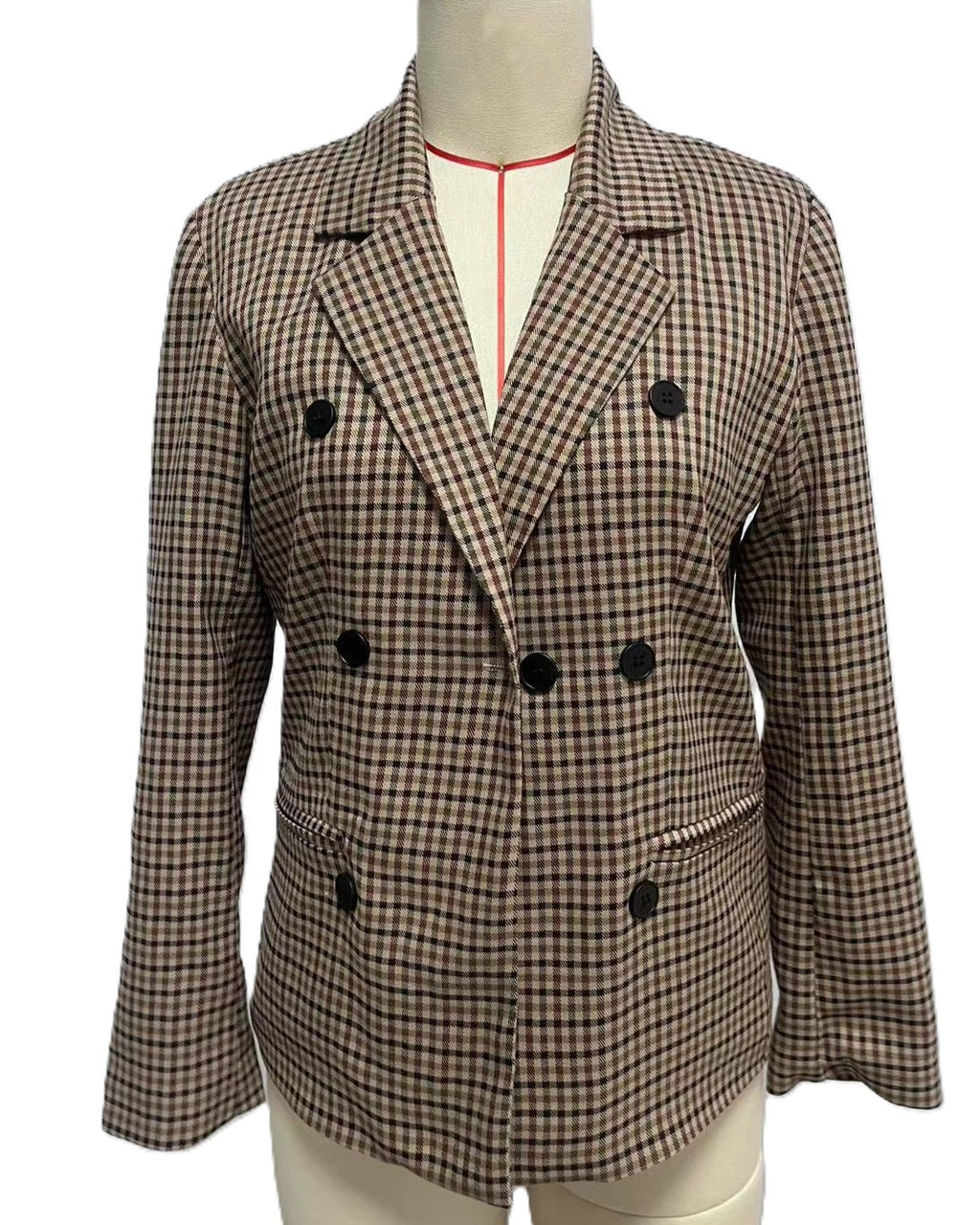 Houndstooth Check Double Breasted Blazer - Khaki - 1