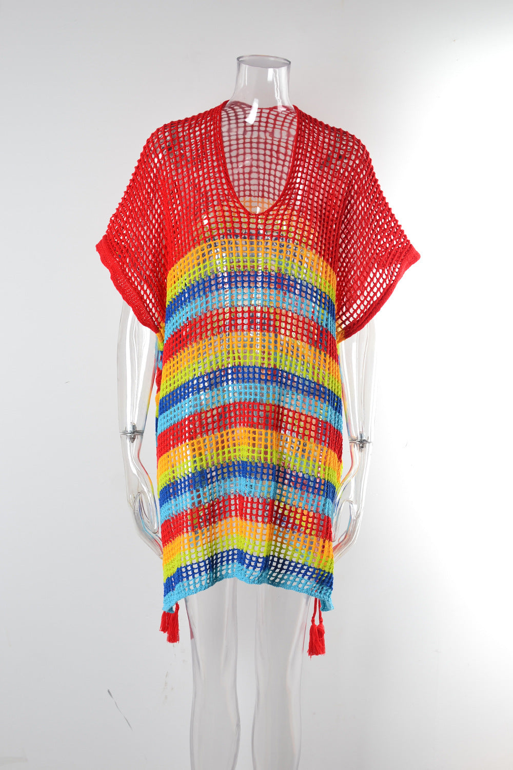 Tasseled Crochet Swim Cover Up - Red