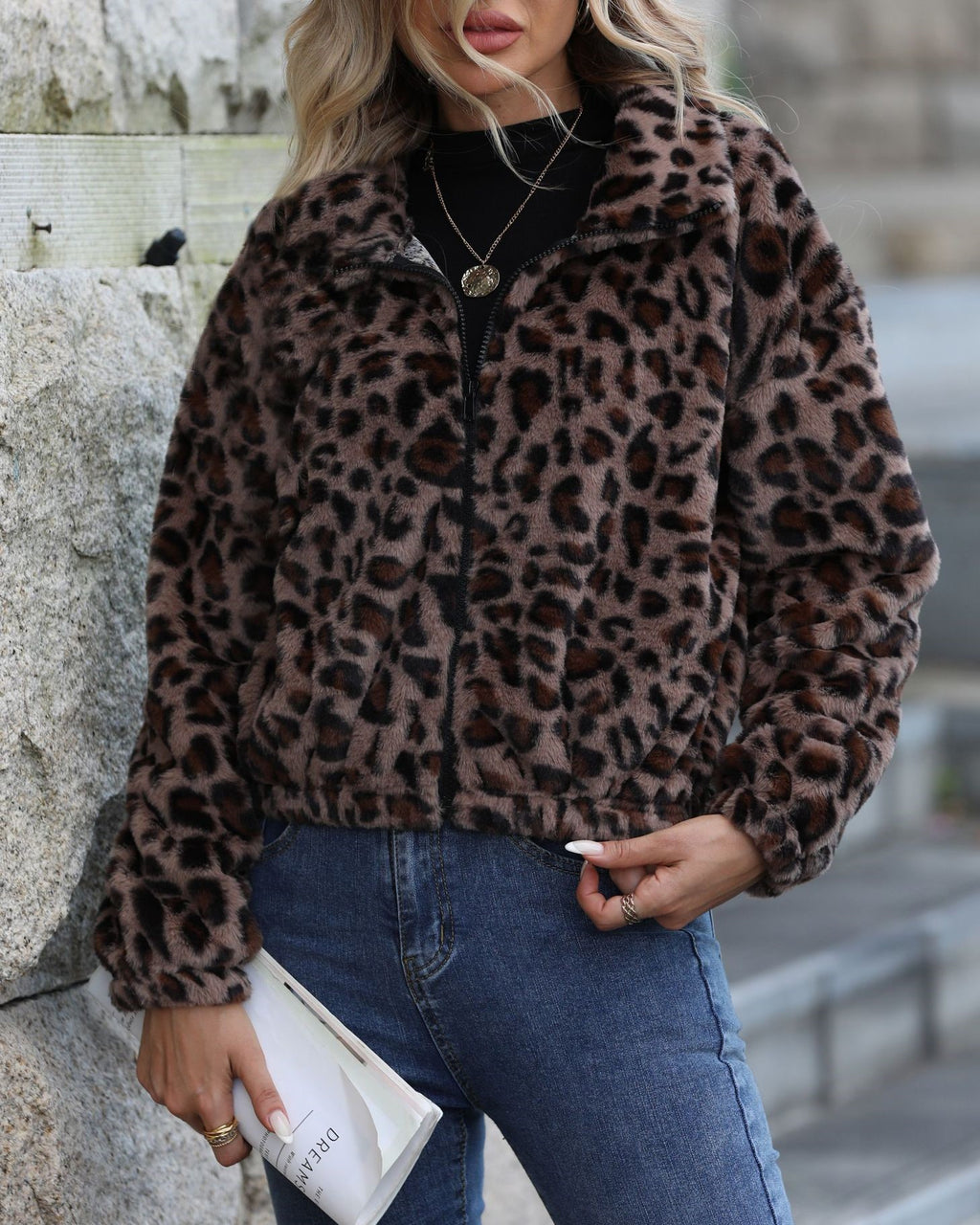 Leopard Faux Fur Zip Front Jacket - Leopard - 1
