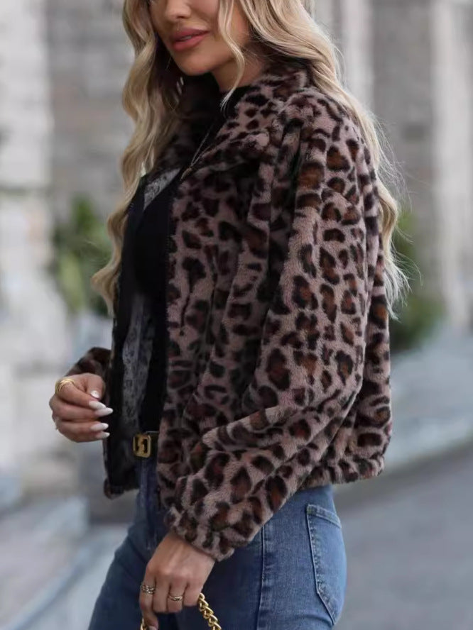 Leopard Faux Fur Zip Front Jacket - Leopard - 3