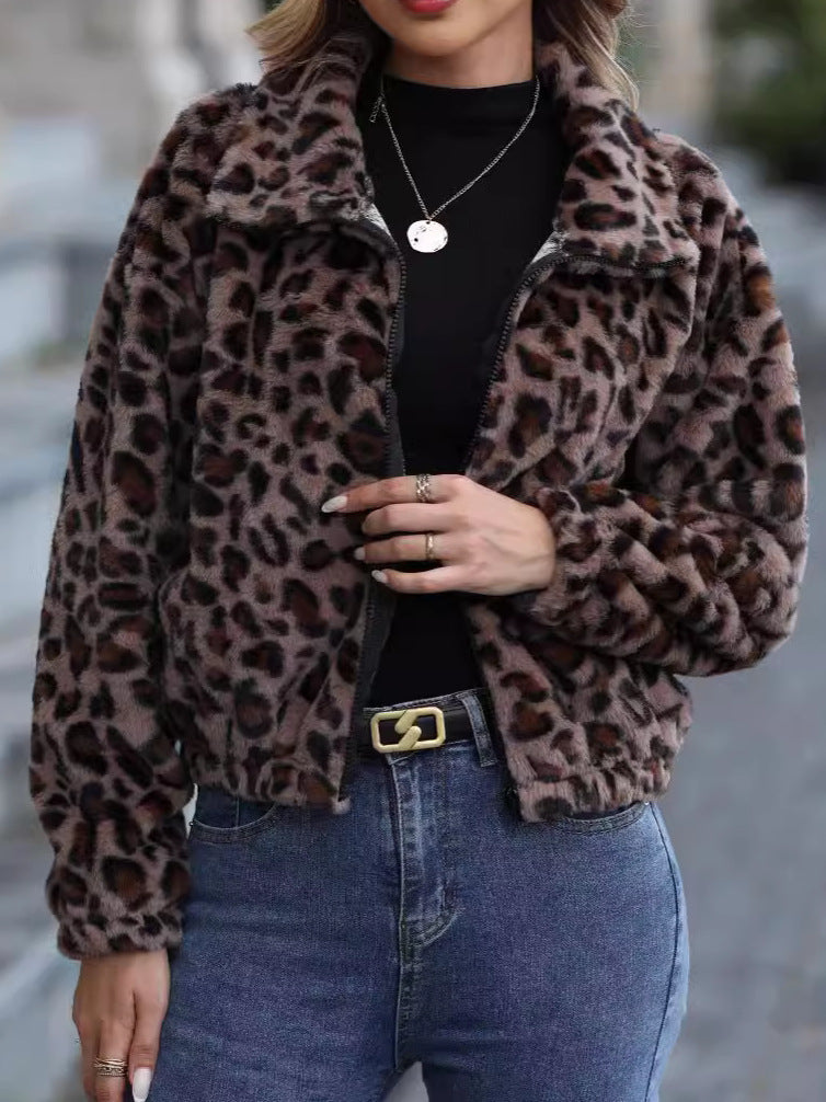 Leopard Faux Fur Zip Front Jacket - Leopard - 4