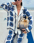 Tile Print Shirt And Wide Leg Pant Set - Blue